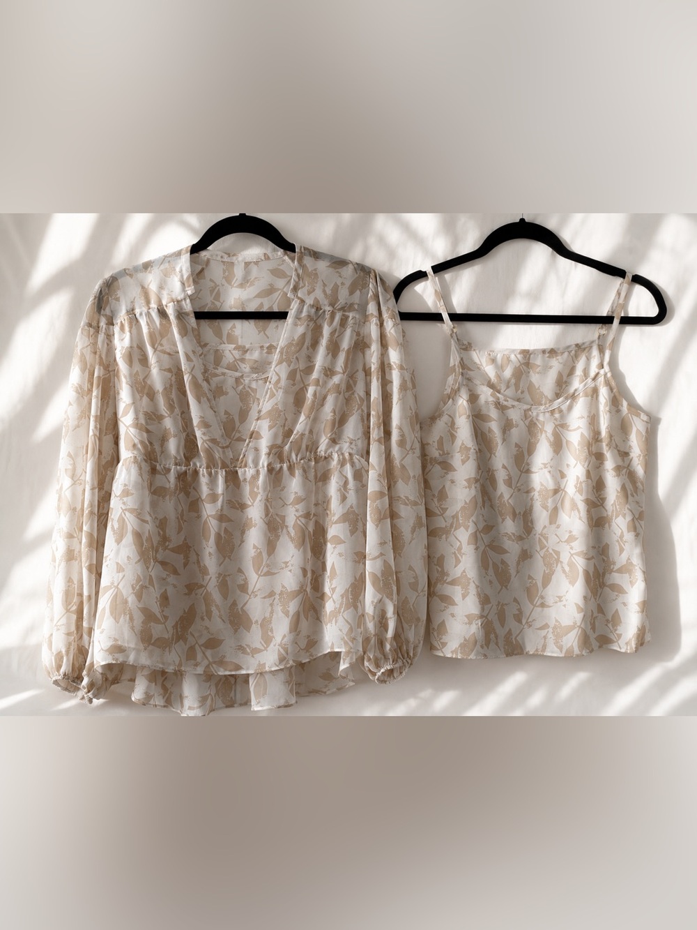 Cabo 2 Piece Sheer Leaf Print Blouse & Cami Set Small Neutral Boho